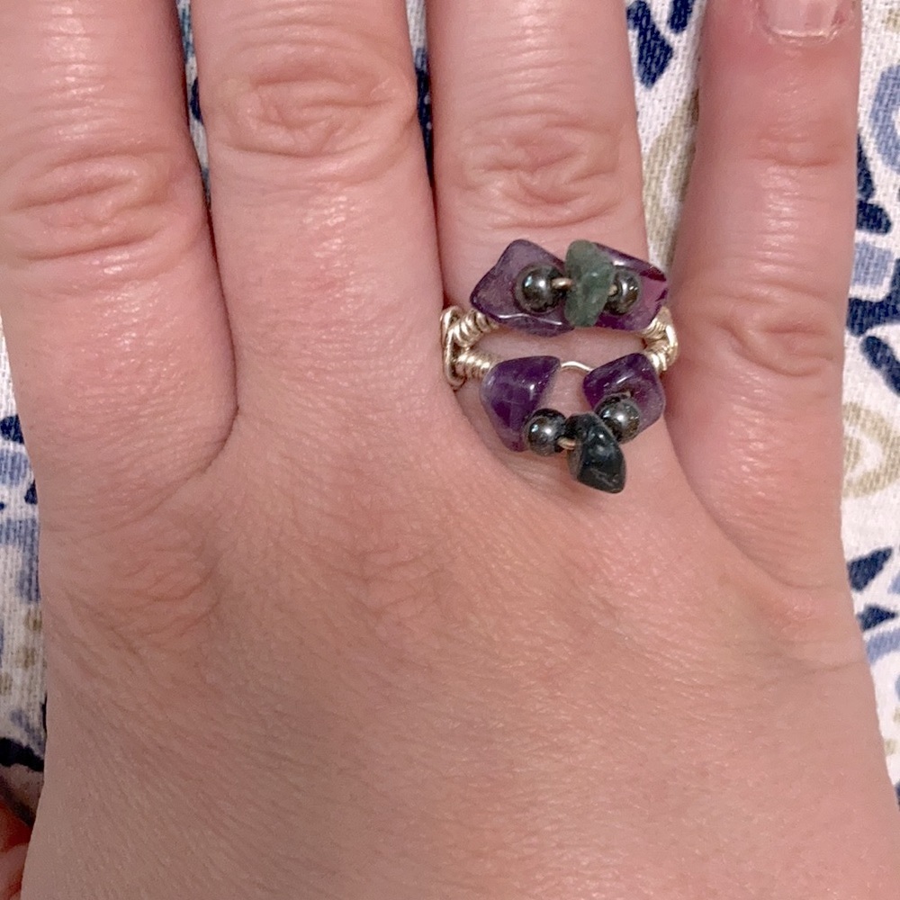 Handmade silver & gemstone ring - green & purple
